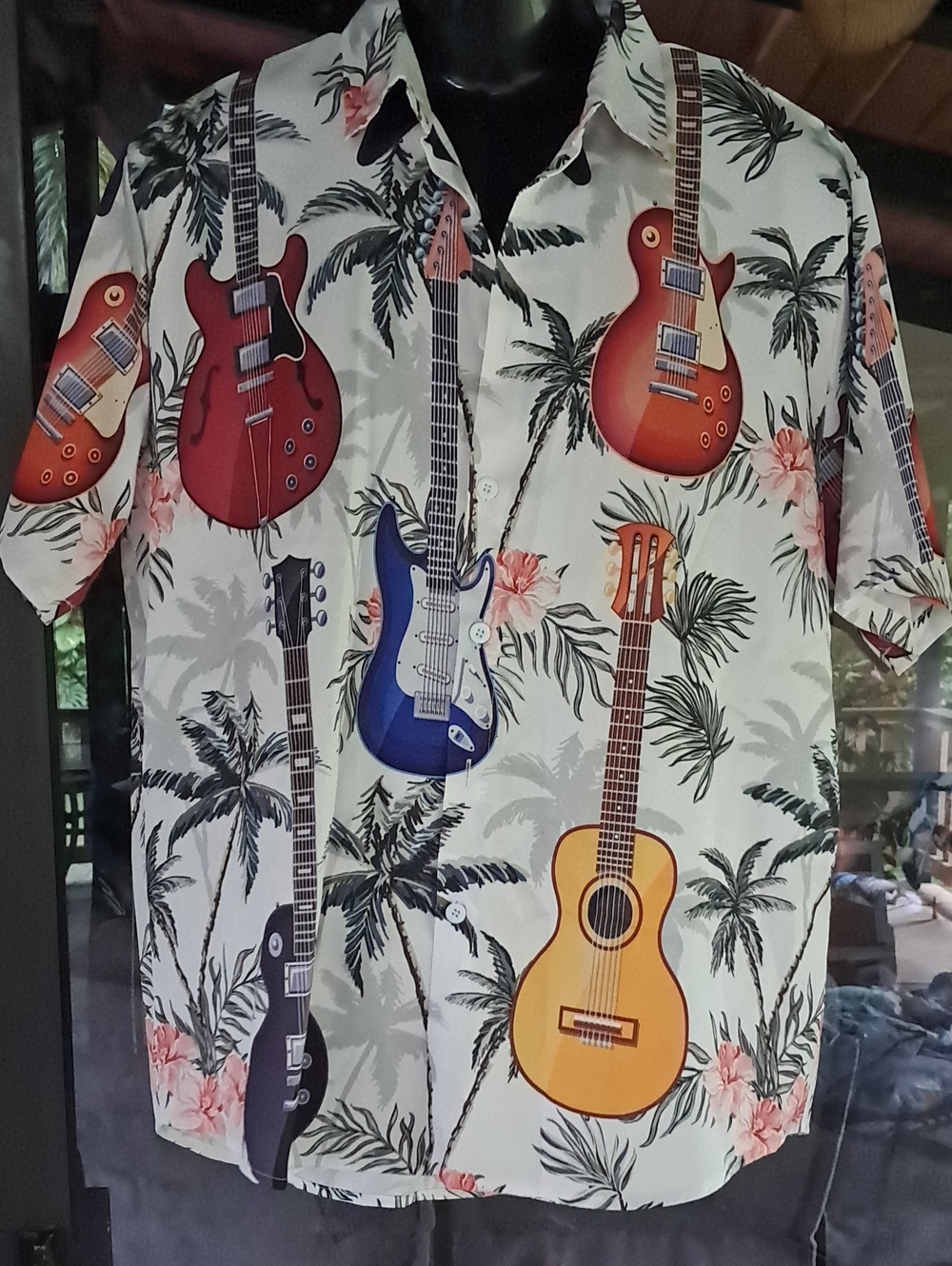Tropical Guitar Print Button-Up Shirt - Multicolor